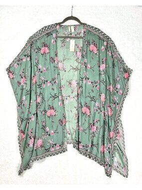 Floral Boho Kimono Cover-Up Green Floral NWT One Sz